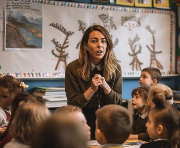 Docente impartiendo clases a un grupo de niños pequeños